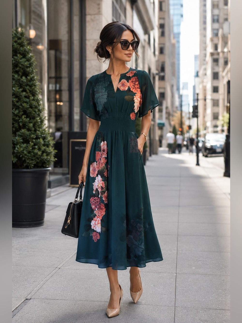 WAYWARD FANCIES BY ESHAKTI Women's Dark Green Floral Flutter Sleeves Midi Dress